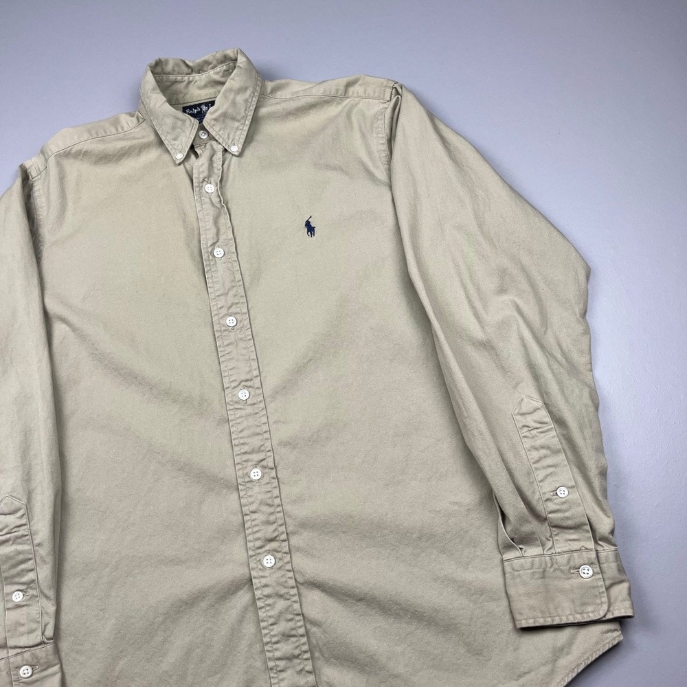 Ralph Lauren Button Down Shirt Mens M Khaki Tan Long Sleeve Cotton USA Made